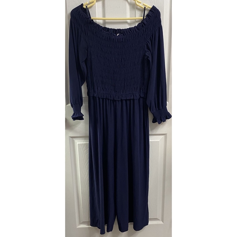 Chelsea28 Women Off The Shoulder Smocked Jumpsuit Navy Blue Party Romper Capri M